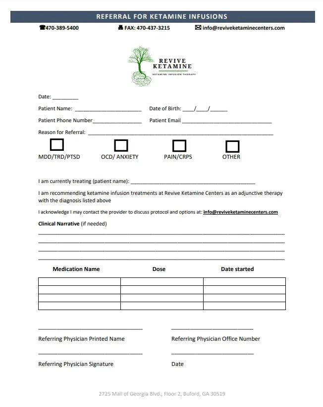 Revive Ketamine Center Referral Form